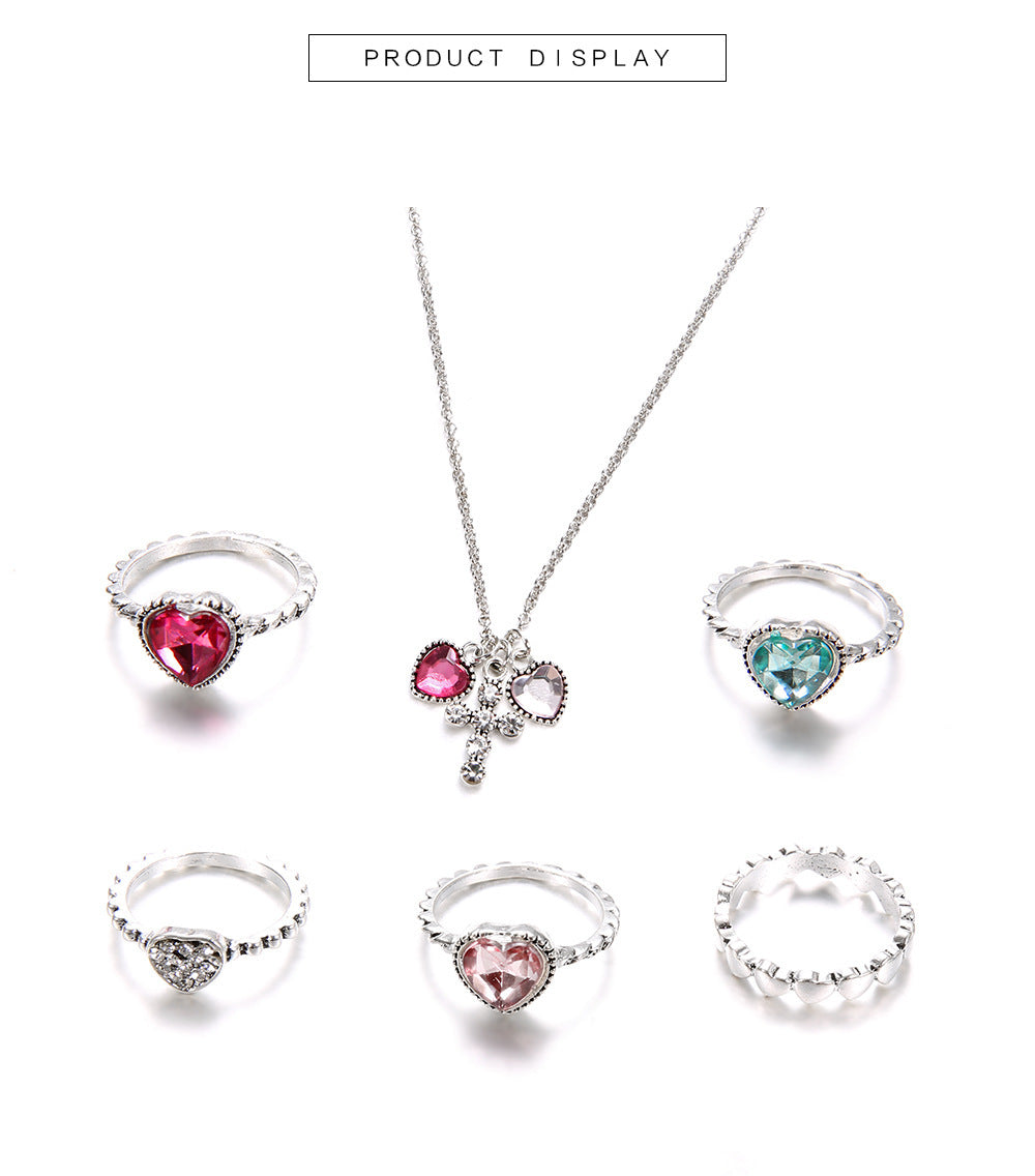 Love Cross Studded 6-Piece Set Ring Necklace