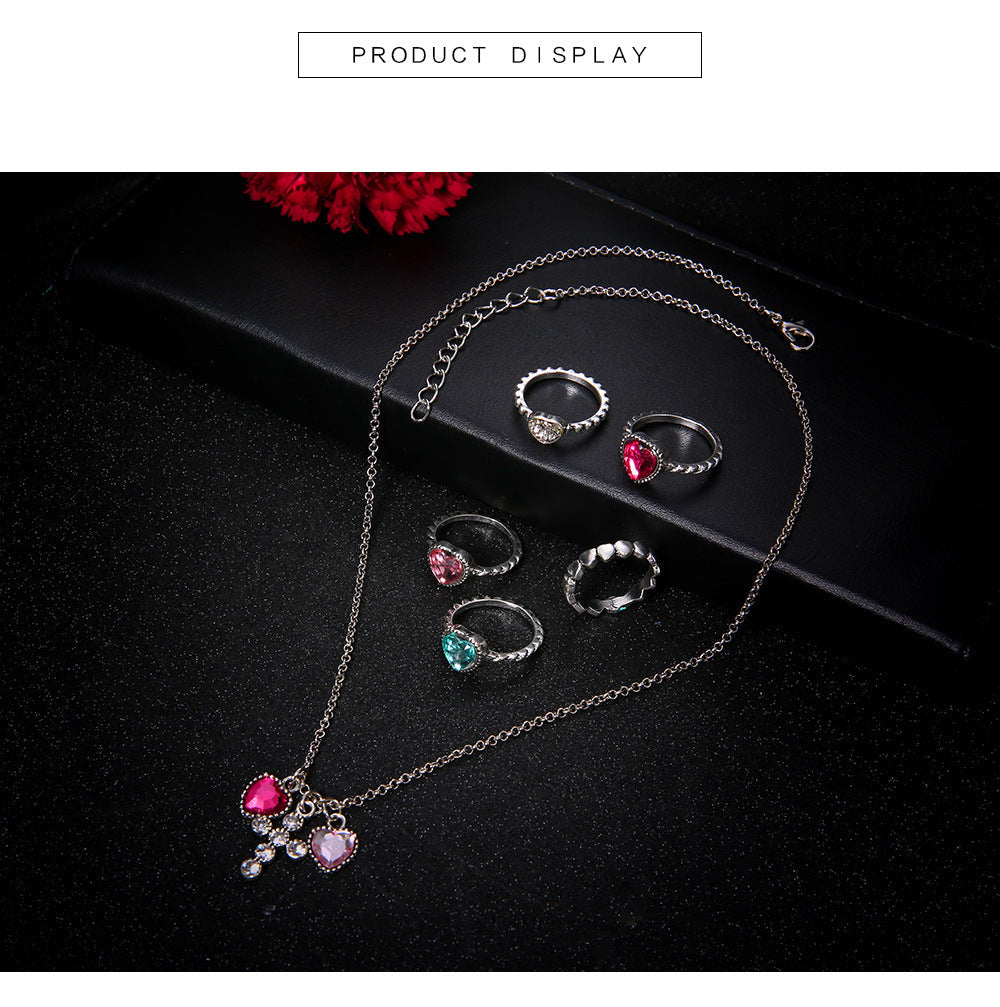 Love Cross Studded 6-Piece Set Ring Necklace
