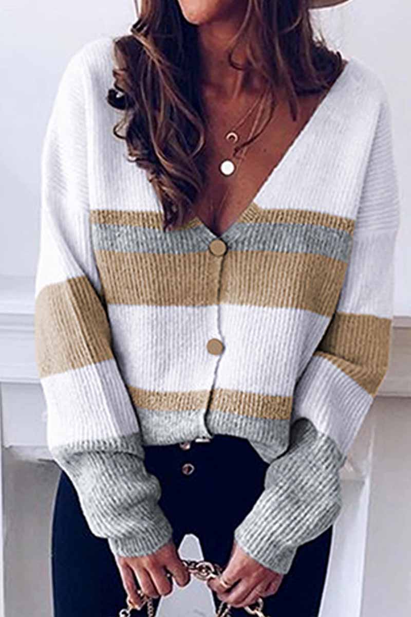 Long Sleeve V Neck Color-Block Sweater