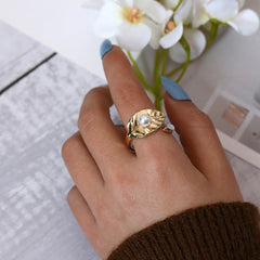 Light And Luxurious Ring, Simple Personality Ring, Female Leaf, Pearl, Forefinger Ring