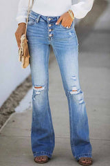 Mid Rise Button Front Flare Denim Jeans