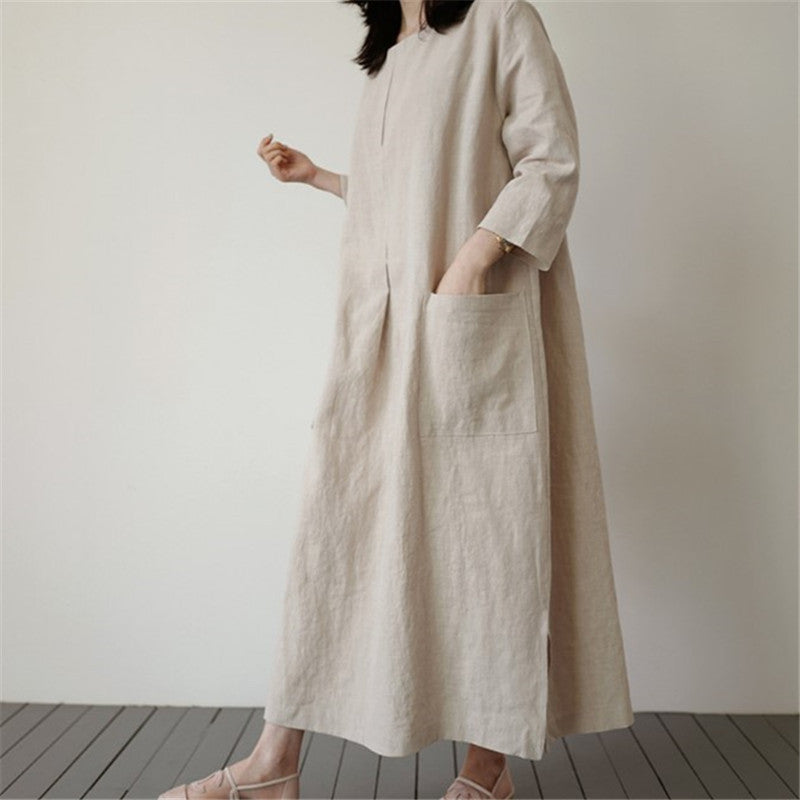 Long Dress with Cotton and Linen In Pocket