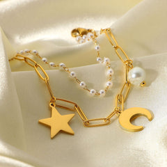 Metal Bracelet Star Moon Pearl Pendant Double layer Bracelet