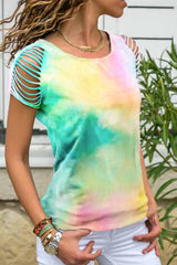 Loose Hollow-out Tie-dye Multicolor T-shirt