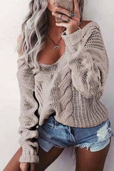 Loose V-Neck Wwist Long Sleeve Sweater